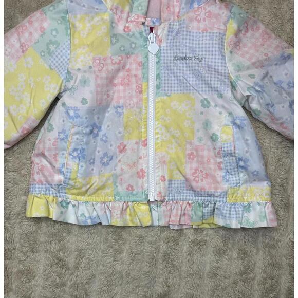 London Fog multicolored patchwork zip front ruffled hooded raincoat Size 12M - Picture 5 of 7